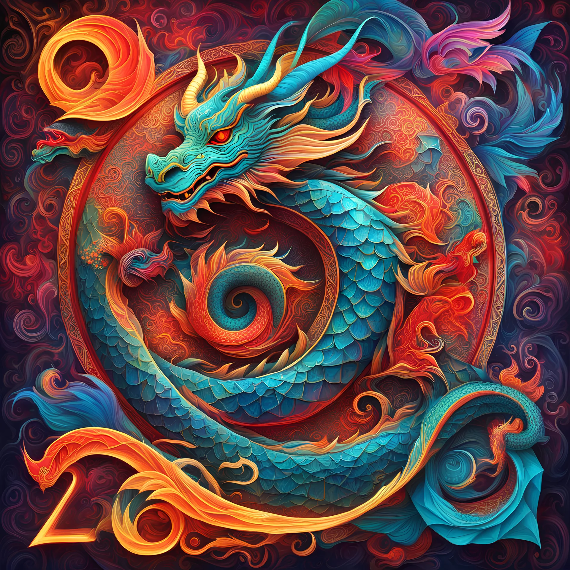 dragon chinese year poster, chinese callygraphy, " 2024 " , Picasso drawing style, sharp focus, 8k, 3d, very detailed, very colorful, neon color; ornate, grim, fine artt, low poly geometric, whimsical , insanely detailed and intricate, glowing, translucent, beams, botero, brush strokes