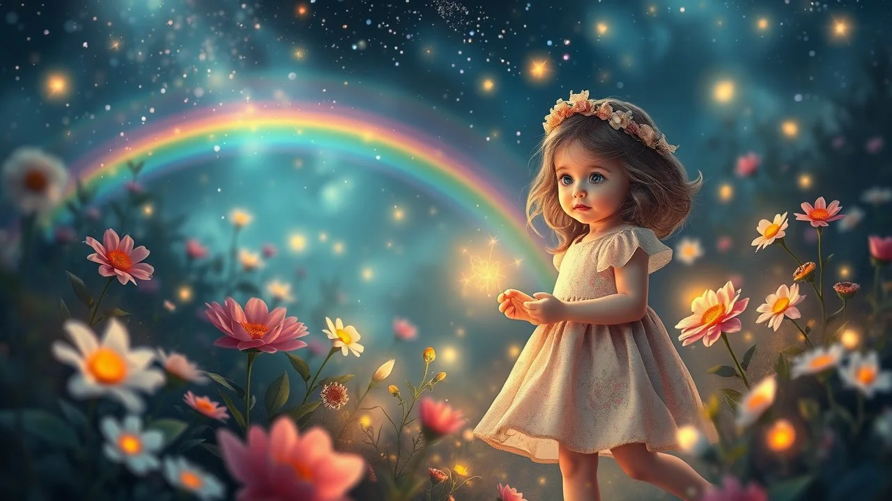 Une douce petite enfant erre dans son monde enchanté, Parmi les merveilles, elle adore explorer. Nuit enchantée, fleurs magiques, arcs-en-ciel de lumière, lucioles dansantes, fées lumineuses. Ses rêves sont vastes, pleins de beauté, Chaque instant est un nouveau bonheur. Dans son univers, tout est merveilleux, Un monde imaginaire, tendre et lumineux. Bel éclairage, composition attrayante, photoréaliste, extrêmement détaillée, clair-obscur, règle des tiers.