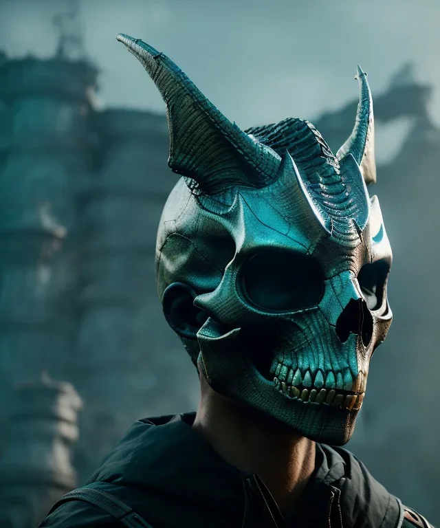 A badass Sofia Buttela wearing a dragon skull mask, atmospheric, realistic, unreal engine, cinematic lighting, octane render.