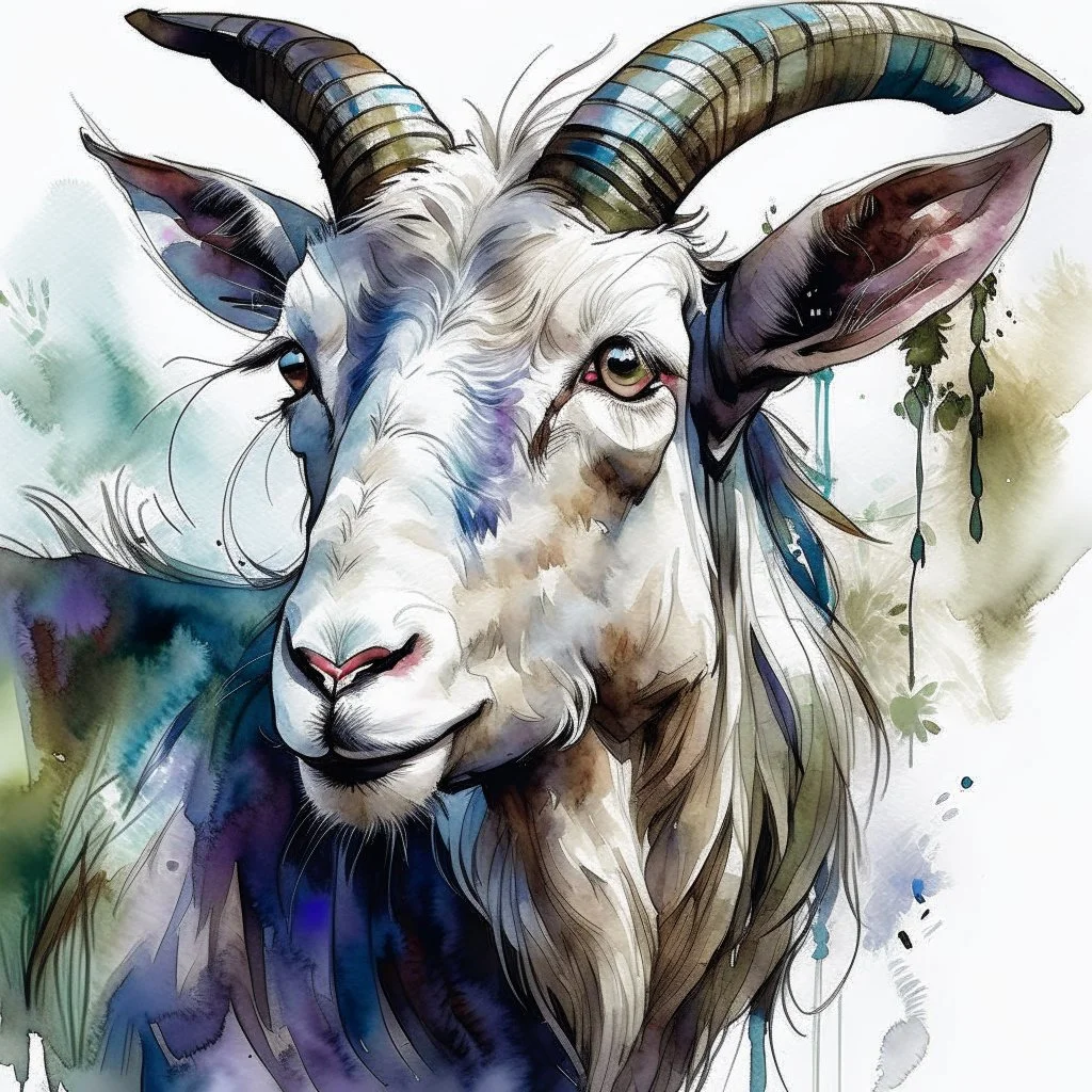 dnd, fantasy, watercolour, large strokes, stylistic, portrait, illustration, dull colours, female goat