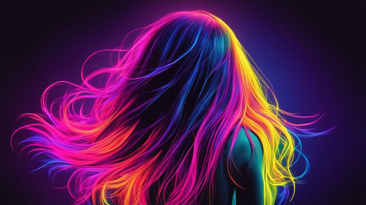 Create a vibrant and colorful neon artwork featuring the back of a woman's head with long flowing hair. The hair should be illuminated with a gradient of bright neon colors, including shades of pink, purple, blue, and yellow. The background should be dark to highlight the neon glow of the hair. Ensure the lighting and color transitions are smooth and the overall style is reminiscent of retro 80s neon art. The image should be high-resolution and have a dreamy, almost surreal quality.