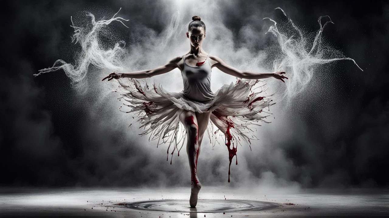 a bizarre surreal image where a dancer's legs there are bloody wounds on both foot, her dress completely drenched in sweat, she standing on tiptoe in a perfect dance pose, around her a fade gray vortex, capturing grasping the difficulty of dance, self-sacrifice, striving for perfection the impressive pose achieved through hard work, the beauty of dance, vertical light on the dancer, blur background is a cracked wall with half darkness and half shiny light, on wall fade the outlines of old and