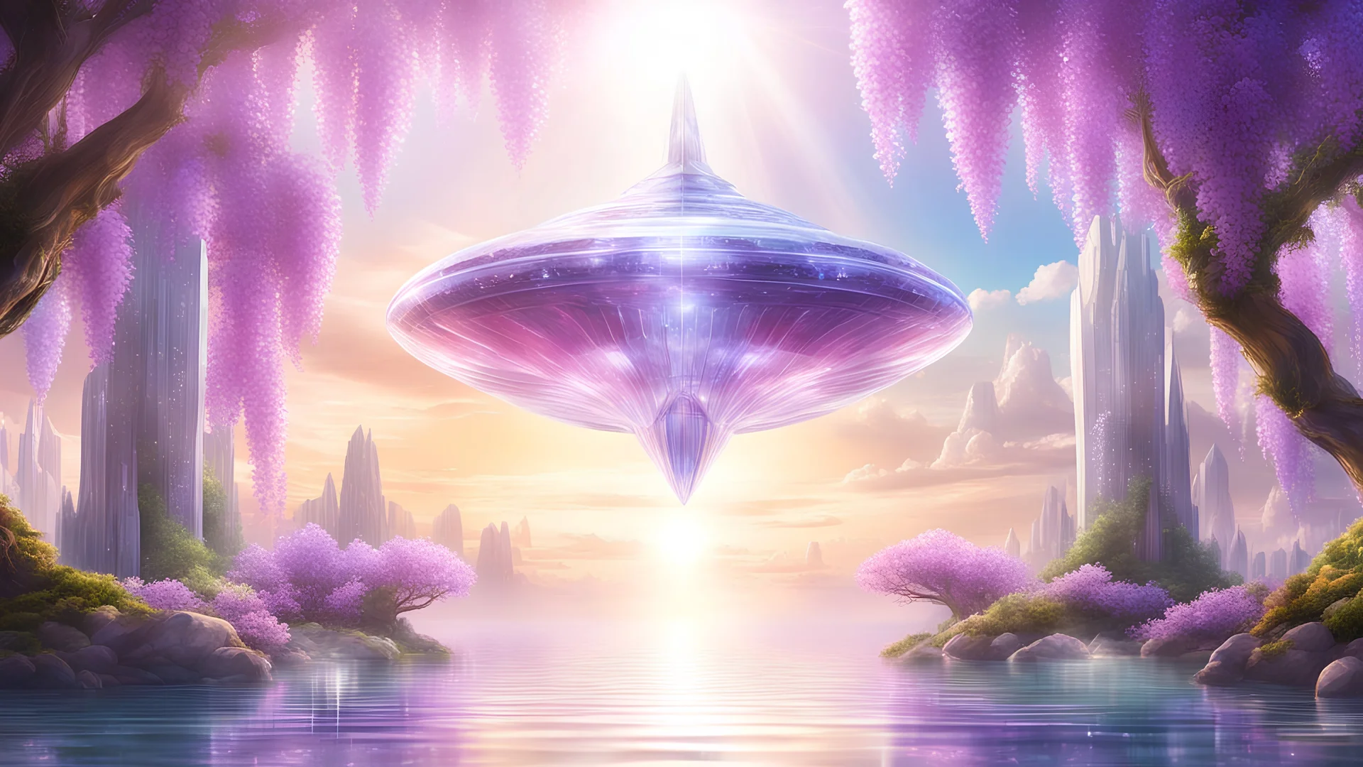 Photorealistic image (Masterpiece ) Crystal Hyperborea white Starship Futuristic floating in the air, Spiritual world of crystals and gold, iridescent color, precious stones crystal gold,Temple crysta beautiful lilac wisteria and pink lotus flowers , landscape of summer ambient beautiful sea, light soft sun, full of details, smooth, bright sunshine, soft light atmosphere, light effect, vaporwave colorful, concepte art, highly detailed, digital painting, smooth, sharp focus, extremely sharp detai