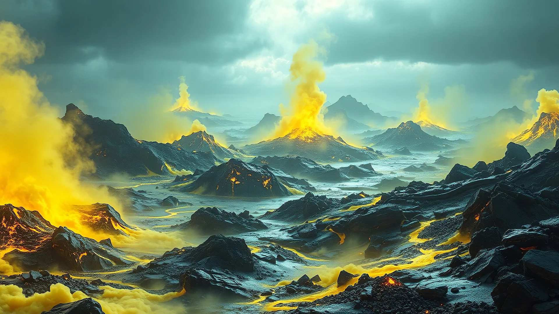 oceanic landscape covered in coal and sulfur that looks futuristic with futuristic lighting, realistic rendering