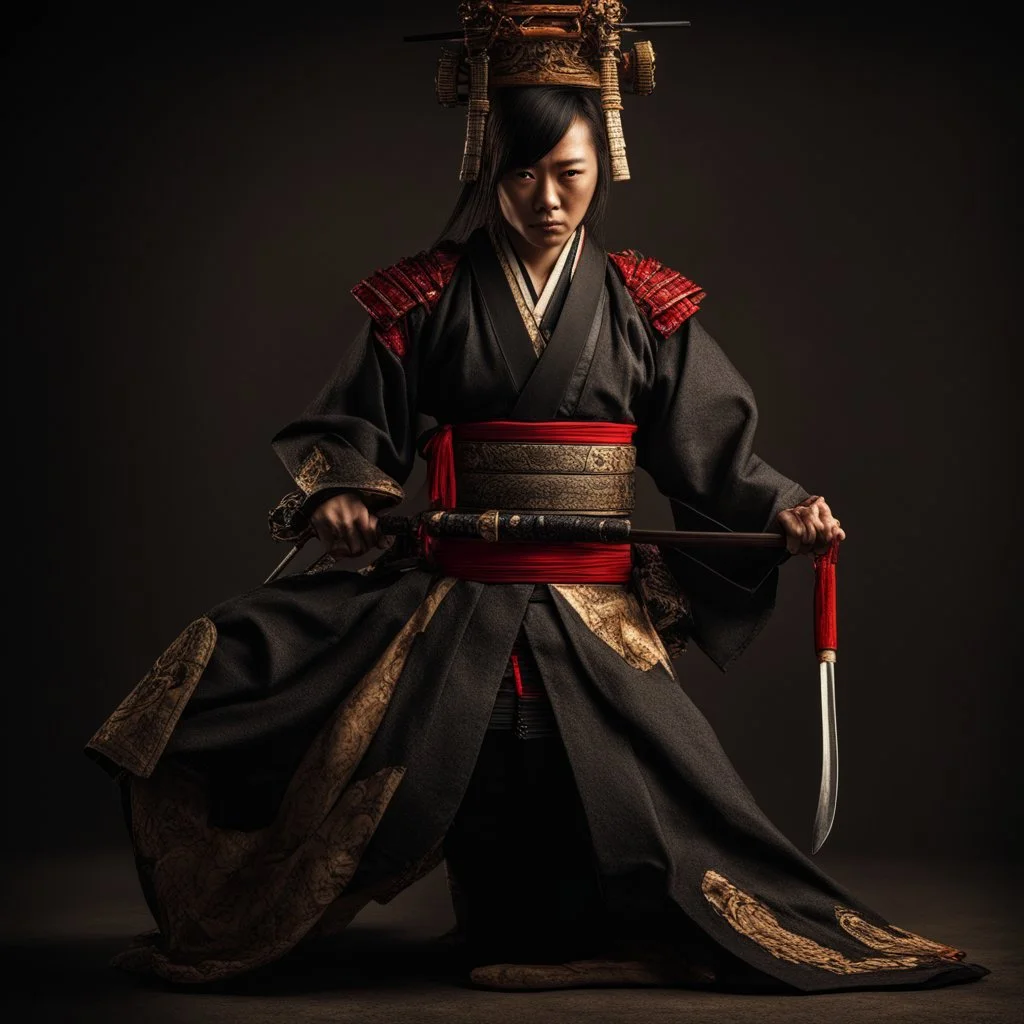 Behold the powerful alluring and pretty Japanese samurai woman, her body adorned with the traditional samurai costume, HDR, beautifully shot, hyperrealistic, sharp focus, 64 megapixels, perfect composition, high contrast, cinematic, atmospheric, moody