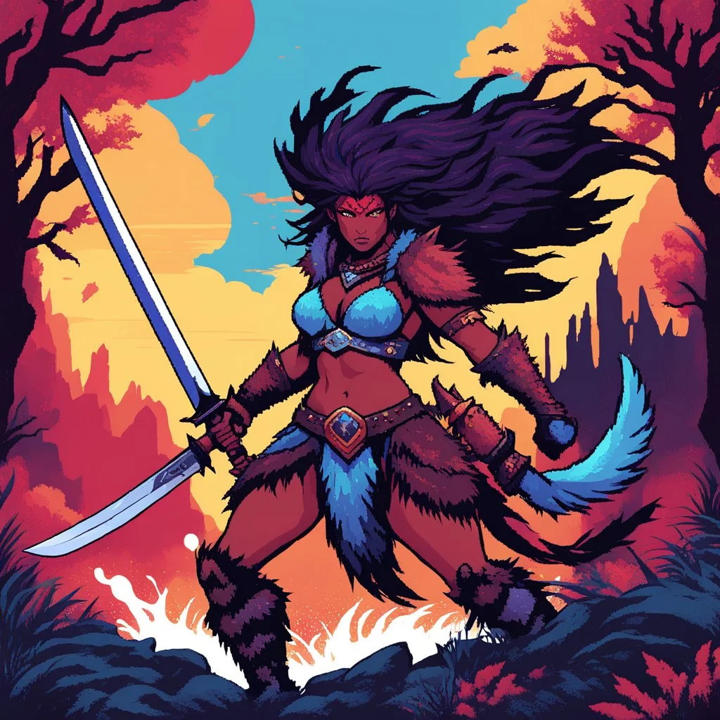 [psychedelic pixel illustration by Jannell Jaquays with Verve colour palette] Shaya Bloodfang, a fierce barbarian of the untamed wilds, charges into battle with unmatched ferocity. Armed with her blade and the instincts of a predator, she fights not just for survival but for vengeance. With a monstrous fiend on her trail, she faces her fate head-on, embodying the relentless spirit of the wild.