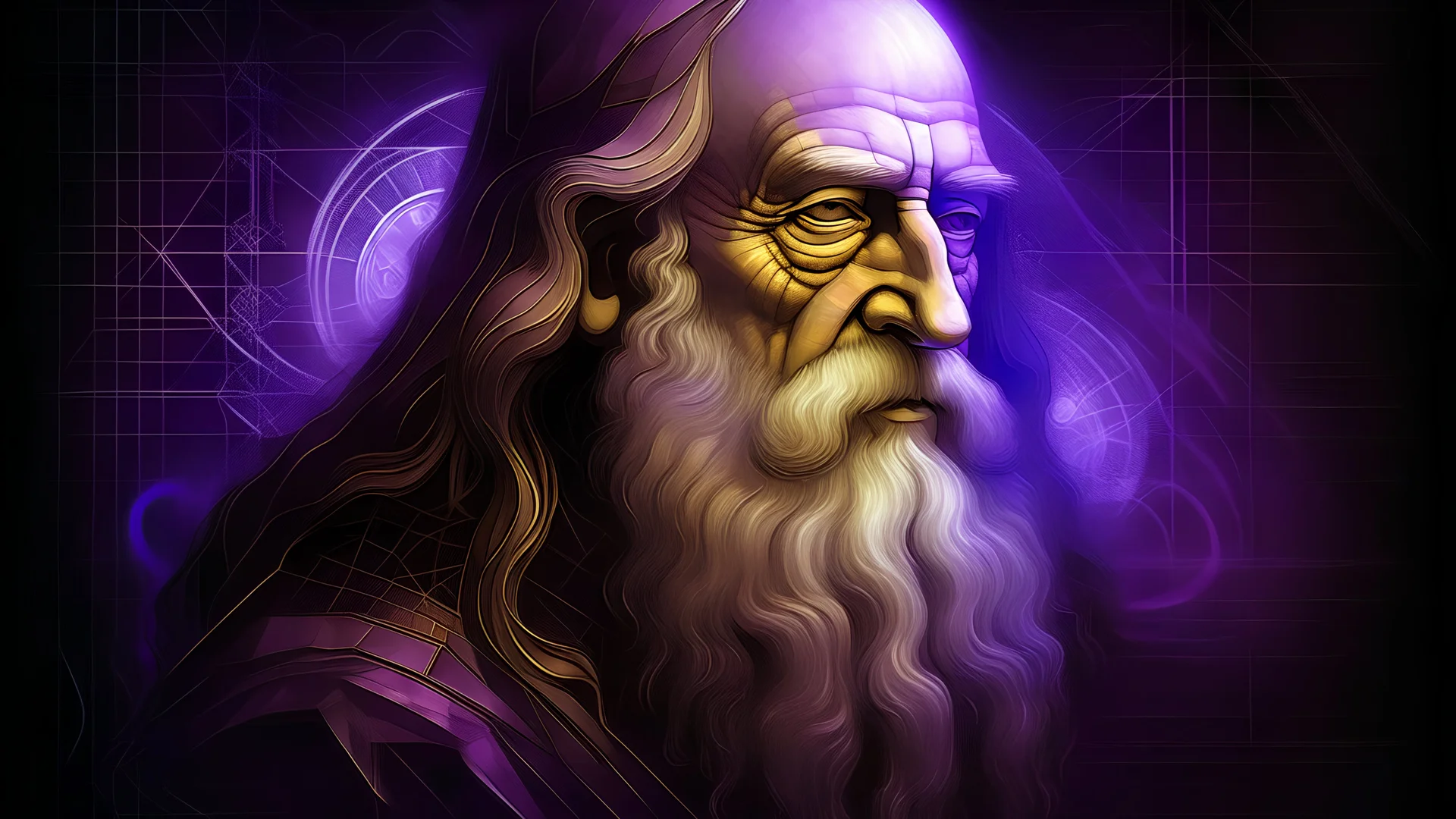 A painting of Da Vinci about artificial intelligence with light dark and purple colours full of serenity