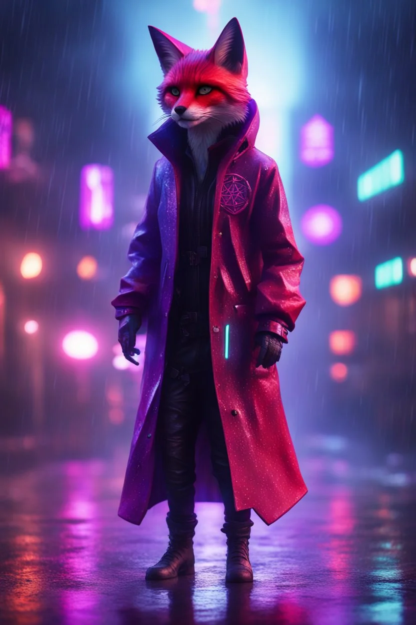 Volumetric fog fox cat lights,paradise sacred geometry framed playing card, black, red, spore and purple neon cyber punk dancer thief in soaked rain coat shadows boss card in the style of escher and fallout 4 ,,bokeh like f/0.8, tilt-shift lens 8k, high detail, smooth render, down-light, unreal engine