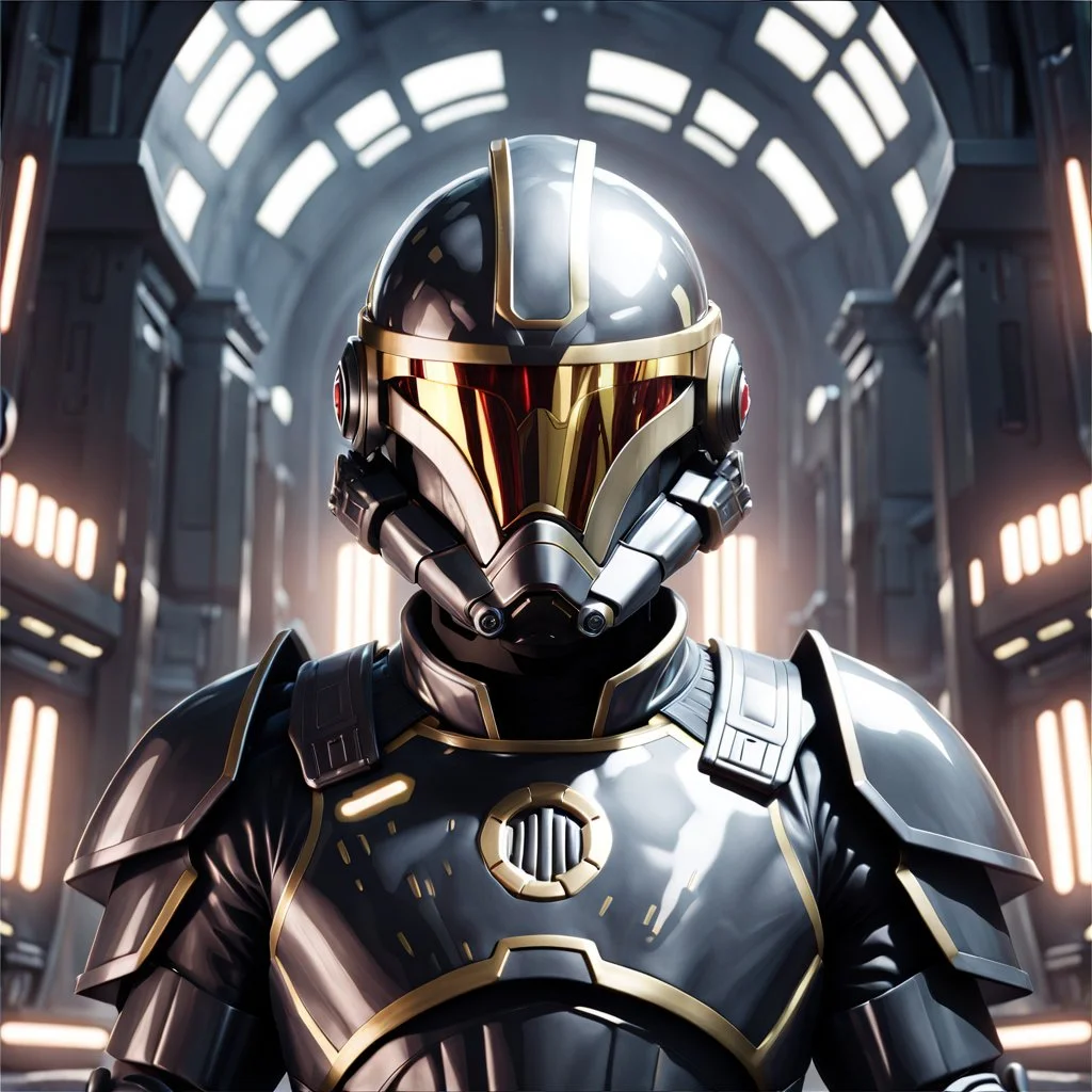 star wars bald male corellian pilot wearing pearlescent black and gunmetal grey First Order special forces heavy assault armor and helmet with gold trim inside the jedi temple, centered portrait, hyperdetailed, dynamic lighting, hyperdetailed background, 8k resolution, volumetric lighting, light skin, fully symmetric details