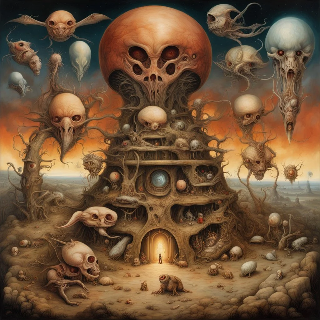 Artist Otto Rapp Bogomil's Universe; cosmic horror nightmare playground at sunset, by Greg 'Craola' Simkins, by Otto Rapp intricately detailed; Hieronymus Bosch inspired cryptids, imperial colors, fantasy, oil painting.