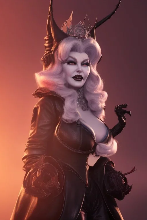 Mae West as evil queen in black leather, leather, busty, cleavage, angry, stern look. character design by cory loftis, fenghua zhong, ryohei hase, ismail inceoglu and ruan jia. unreal engine 5, artistic lighting, highly detailed, photorealistic, fantasy