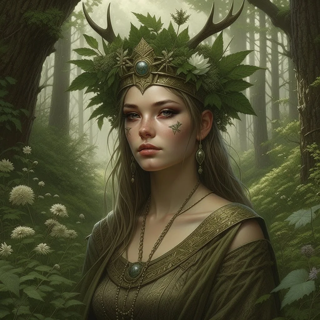 Pagan town, viking art, highly detailed with lush forests, green leafs, flowers, pagan temple with runes, high resolution, 24k, ornate, intricate, complex, digital painting, smooth, art by royo and tom bagshaw