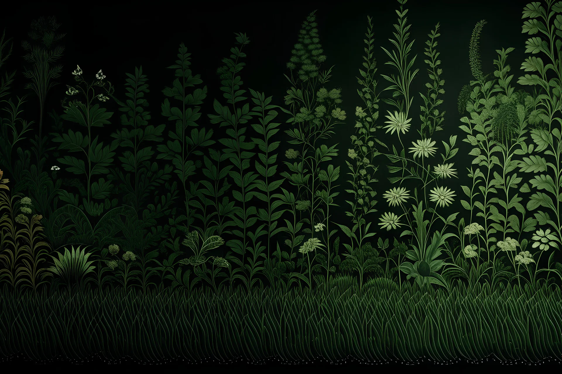 A dark green meadow with plants designed in Bayeux tapestry painted by Giovanni Battista Sassi