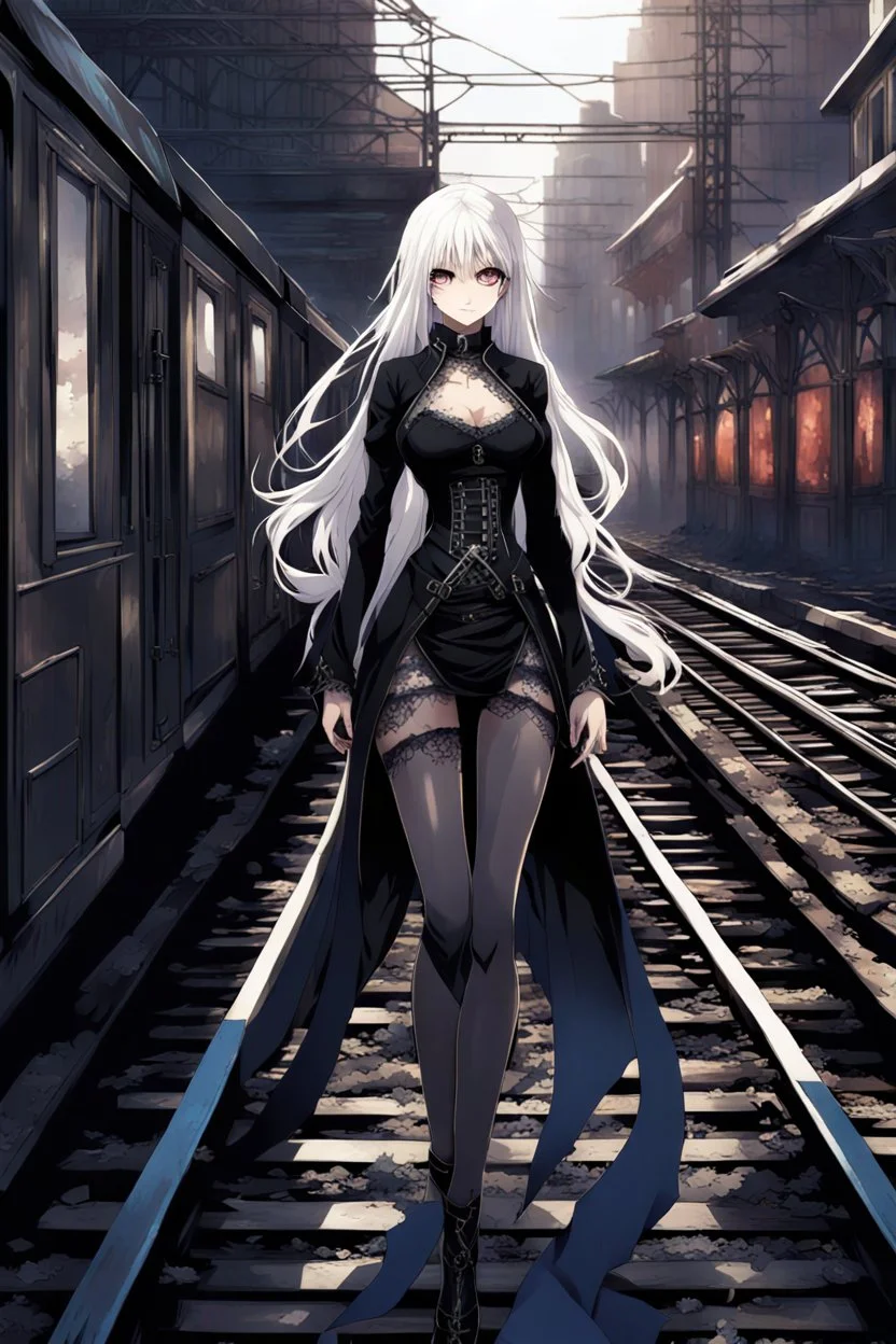 a captivating gothic anime girl, her ethereal beauty accentuated by porcelain skin and vibrant blue eyes. She stands firmly on a train track, legs wide apart, hands on hips, wearing a sleek black dress with lace details and a gun holstered on her thigh. Her flowing white hair billows in the wind as the smoky background portrays a chaotic scene of crumbling buildings and raging flames, emphasizing the imminent arrival of the train.