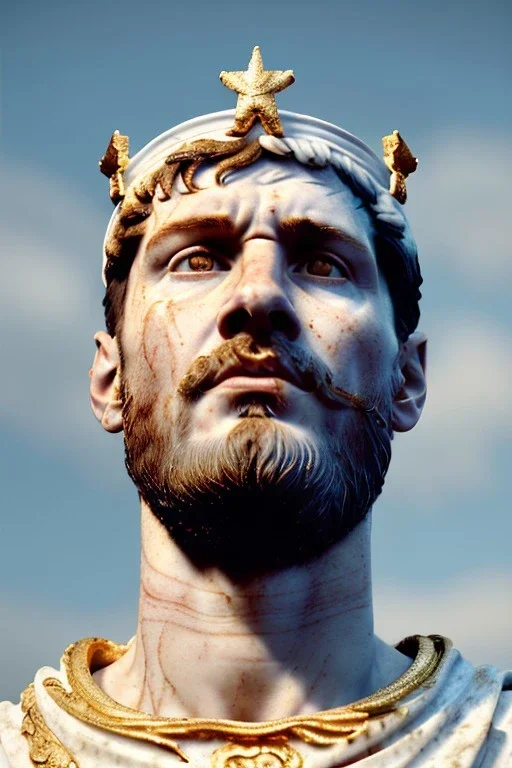 Realistic image, Roman sculpture made in white marble with gold veins, Lionel messi with gold laurel leaves crown, decorative star on the chest, waist up portrait, marble material, gold ornaments, Baroque style, sun rays background, epic, celestial, cinematic lighting, God lights, 4k resolution, smooth details, soft lighting, unreal engine 5, art station, substance 3d.