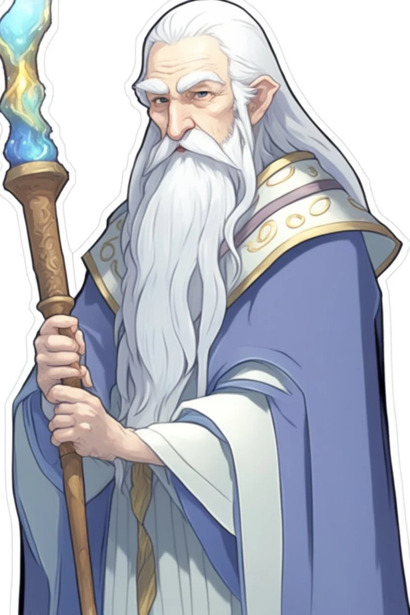 a drawing of a wizard holding a wand, by Kanbun Master, reddit, hurufiyya, he is a long boi ”, dwarf with white hair, discord profile picture, semi realistic