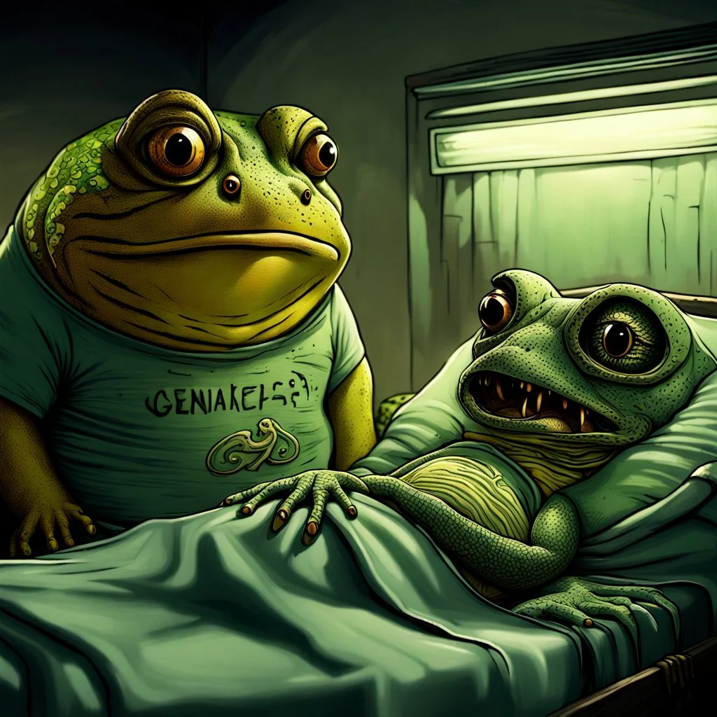 big fat large sad, yellow-green frog wearing a t-shirt, standing in an old, dilapidated room next to a bed. In the bed lies a gray, ancient and wrinkled lizard-medusa-frog mutant creature with two long tentacle arms, a large head, and big half-open black eyes with eyelashes. The blanket partially covers the creature. The frog gazes at the lizard creature, while the background is blurred, adding to the eerie atmosphere. The detailed, realistic rendering