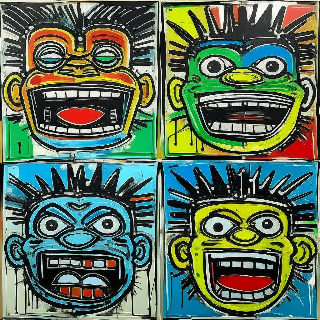 4 happy grotesque faces, by Jean-Michel Basquiat, acrylic painting