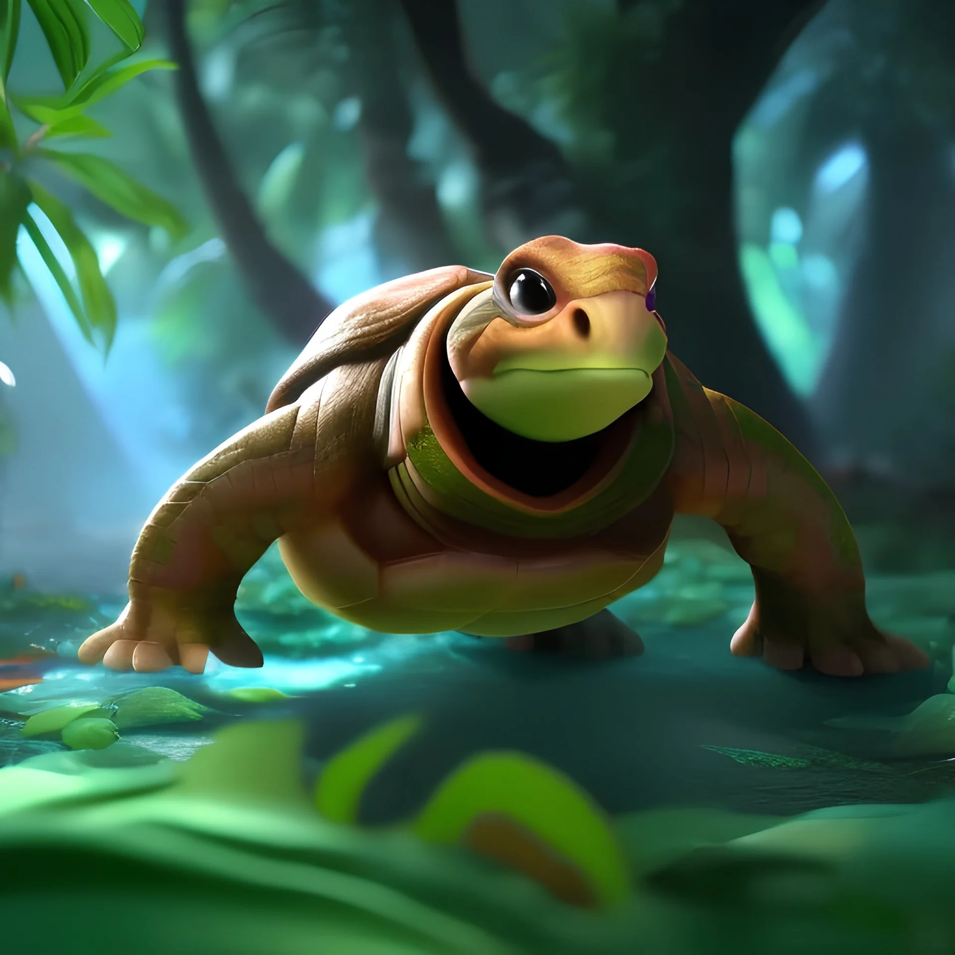 Cute turtle, league of legends, in the jungle, full detail, intricate detail, cinematic, 8 k, cel shaded, unreal engine, featured on artstation, pixiv, cartoon style