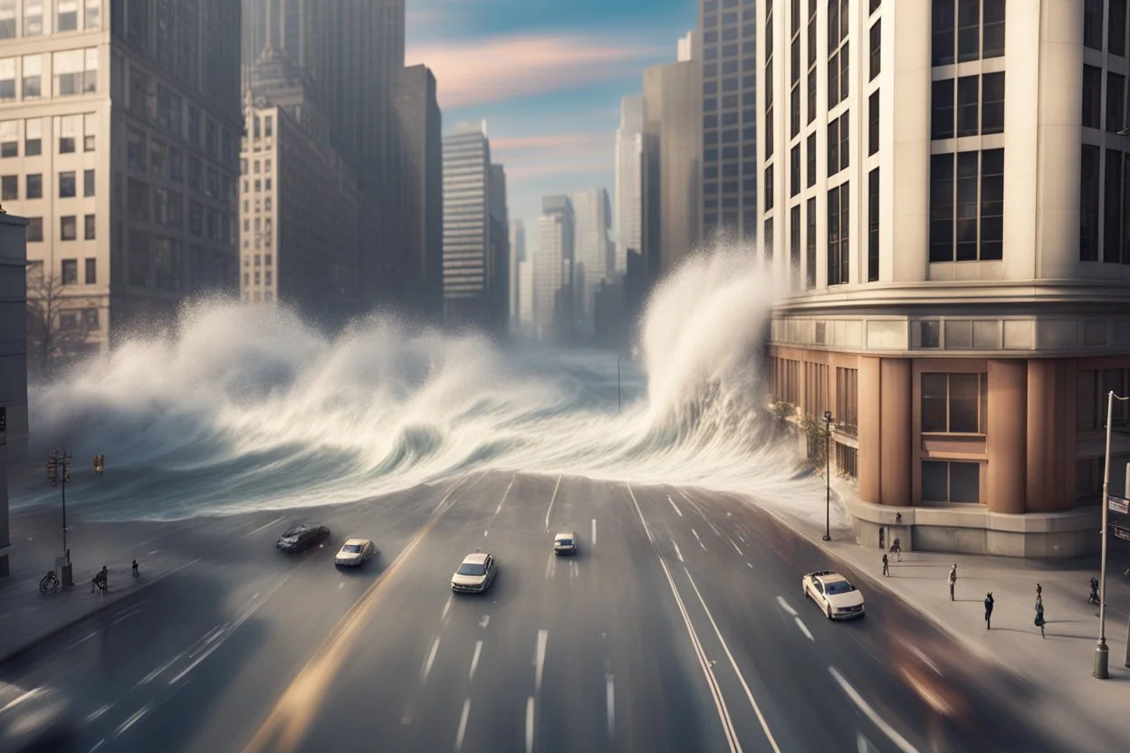 Drone Shot of a huge Tidal Wave seen from a downtown street on a Sunny Day as it hits buildings in the middle distance":"HDRI, ultra realistic, concept art, elegant, highly detailed, intricate, sharp focus, depth of field, f/22, 200mm, medium shot, ((bright diffused Sunset light)), Kodak Ektar