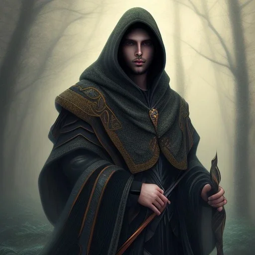 Male, Dark hair, Digital Art, Bow in hand, Hooded Cloak, Dark Forrest background