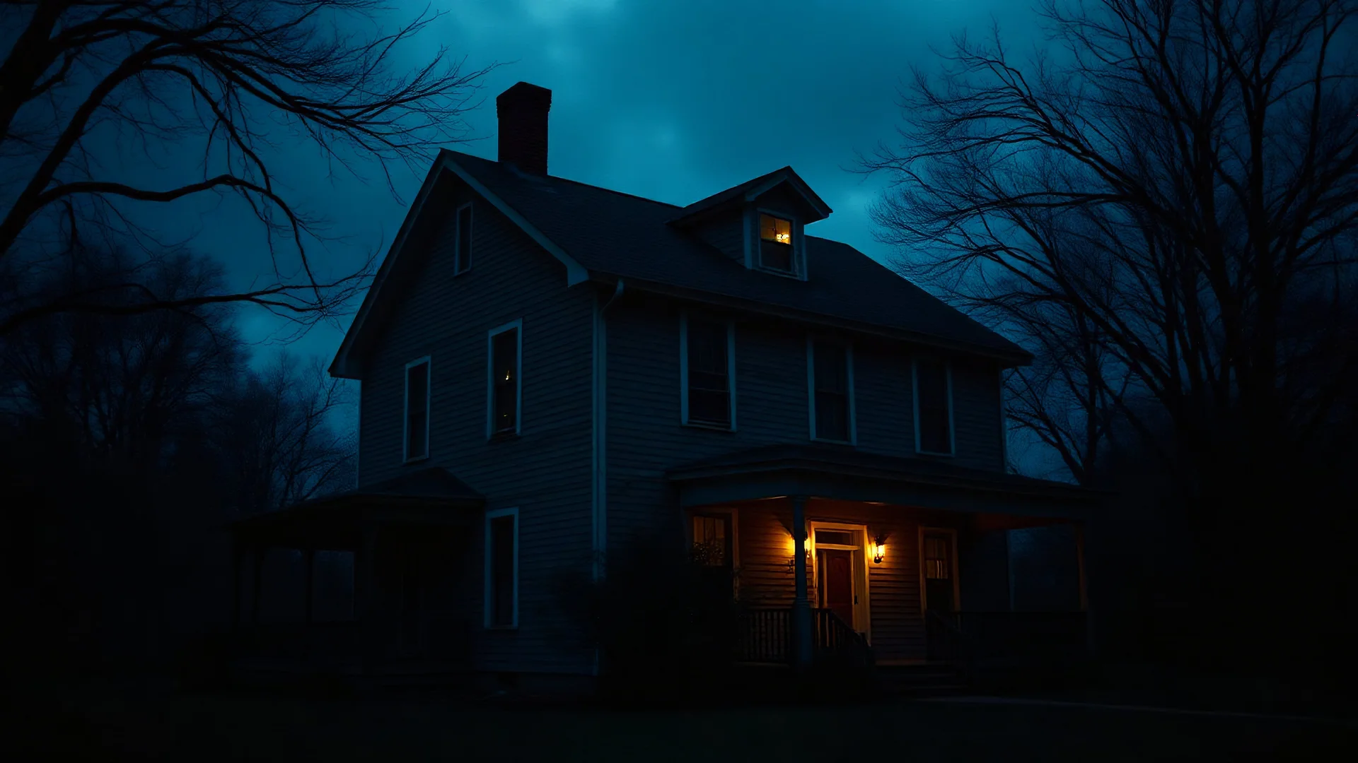 An old two-story American house at dusk with dim lights shining through the windows, surrounded by dark trees. The atmosphere is ominous as shadows loom over the house, suggesting a presence lurking within, In the dark night, photo real, 8k, cinematic, this poster incorporates rich cinematic color grading reminiscent of Kodak Porta 400 and Cinestill 800 films, shot through a Leica M10 lens, with a cinematic image of high contrast.