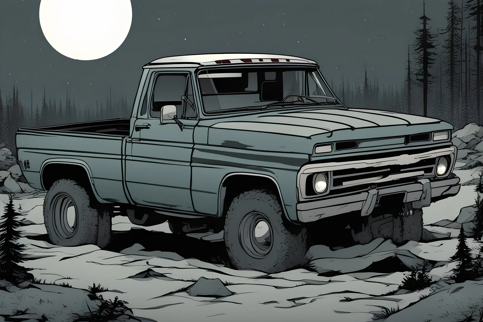 pickup truck, rear, forest, comic book,post-apocalypse, gray background, night time,