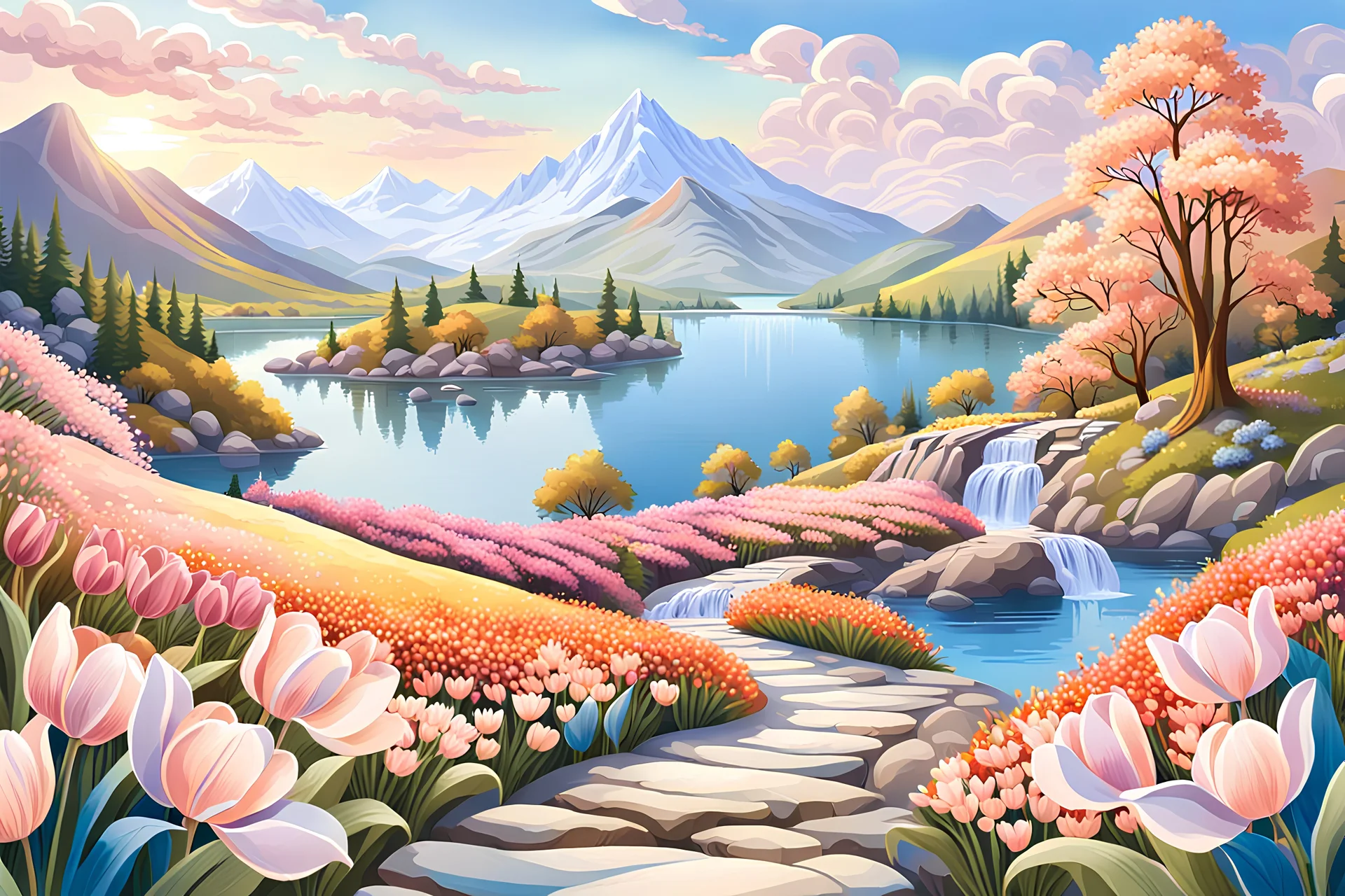 A breathtaking, high-resolution rendering of a picturesque spring landscape. A winding path with vibrant, colorful flowers like tulips, and cherry blossoms takes the viewer's eye through the foreground. Majestic hills and mountains form the backdrop, with a serene waterfall cascading into a crystal-clear lake below. The sky above is a soothing blend of soft blue and warm hues, reflecting the golden light of the setting sun. Realistic, detailed, high contrast, 8k, high definition, concept art