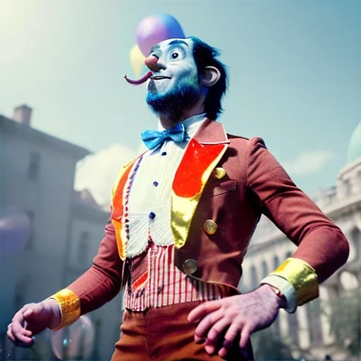 Ultra realistic circus scene. Stronger circus man, waist up view, Wes Anderson style, happy, bubbles, party, confeti, highly detailed, concept art, unreal engine 5, god rays, ray tracing, RTX, lumen lighting, ultra detail, volumetric lighting, 3d, finely drawn, high definition, high resolution.