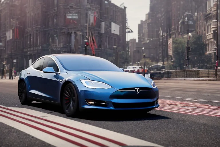 A Tesla 'Model S' is racing at top speed, near the 'Statue of Liberty' in New York. CINEMATIC. WIDE ANGLE LENS. PHOTO REAL.