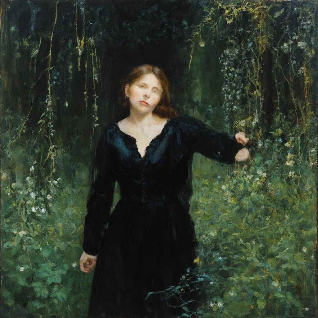 Night, one woman in black dress lost in the forest, flowers, vegetations, creepy, gloomy, lgothic dark influence, leopold von kalckreuth paintings, and william brymner paintings