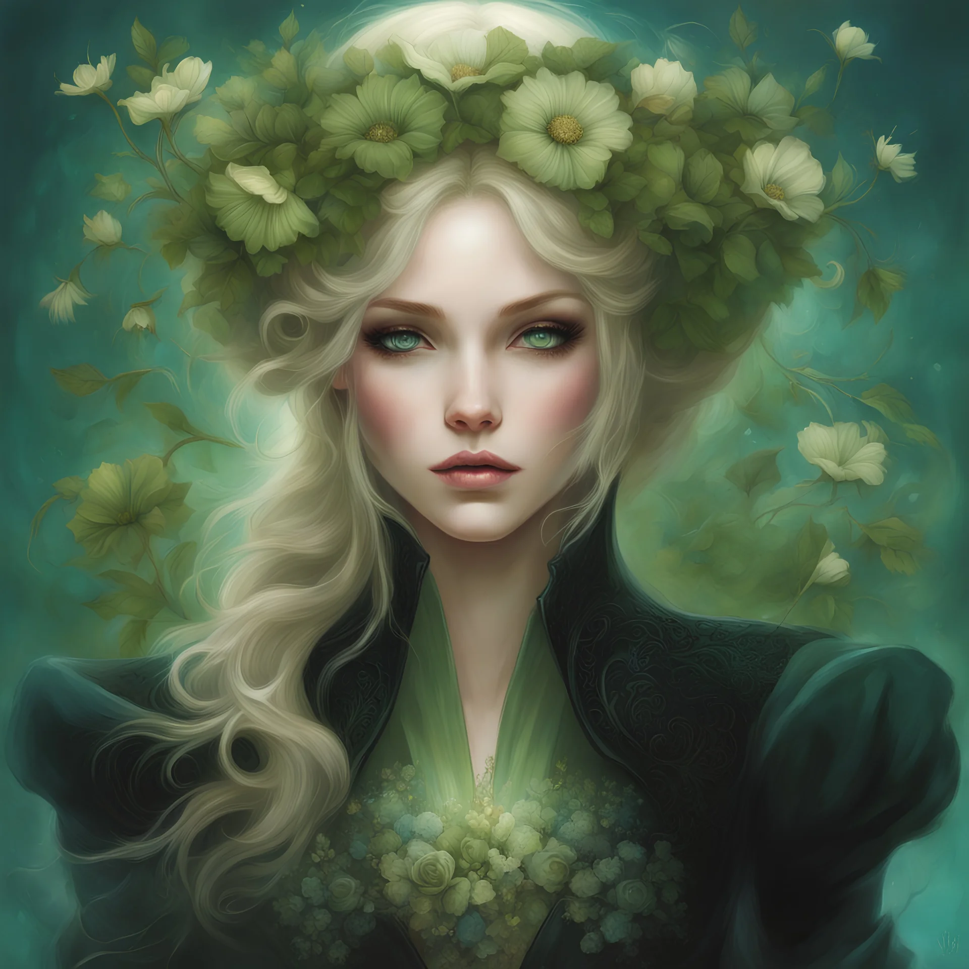 green "Flowers, full body portrait of pretty woman, blue eyes, blond hair, black pretty clothes, A Breathtaking Masterpiece Fantasycore Artwork By Anna Dittmann, Daniel Merriam, Jean Baptiste Monge, Alberto Seveso, Erin Hanson, Jeremy Mann""