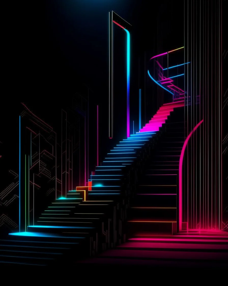 Abstract conceptual representation of goal-setting, surreal digital art, floating geometric shapes forming a ladder to success, vibrant colors, 1:1, art, minimalism, futuristic, neon, dark, composition with narrow depth of field