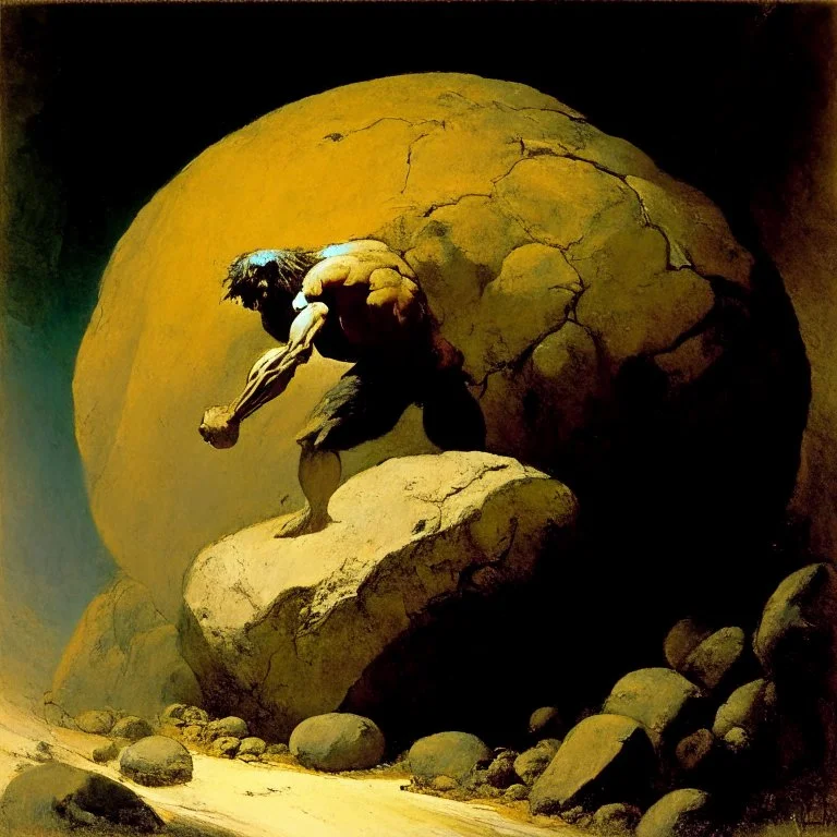 Powerful but Cursed Sisyphus pushing a round boulder up a hill in a sinister dreamland , by Frank Frazetta and Gustav Dore, brooding horror art, warm colors, unsettling, pointilism oil painting