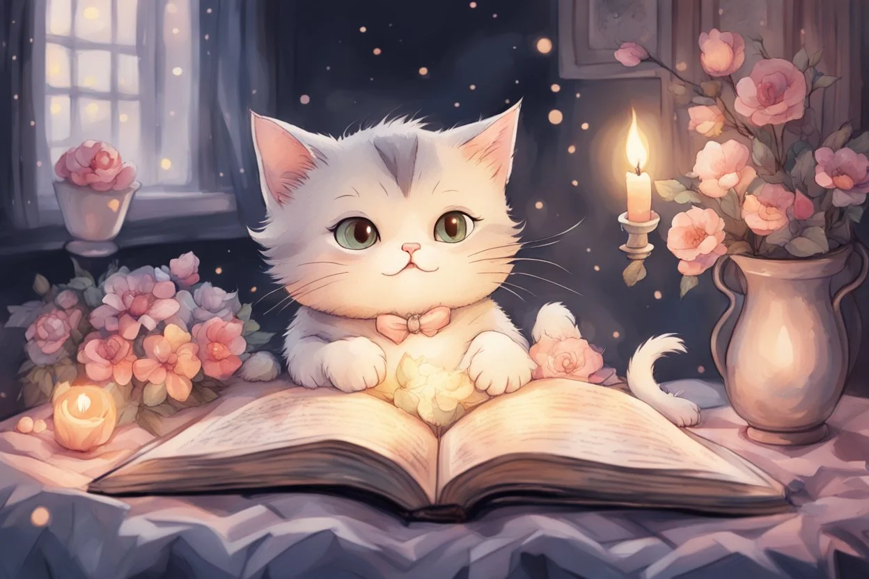 cute chibi cat mother reads a fairytale book to his baby kitten in a bed, flower tapestry, in a bedroom in candlelight, S<AI, watercolor and black ink outlines, soft, shading strokes, light pastel colors, ethereal, cinematic postprocessing, bokeh, dof