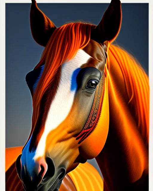 Horse vision symmetrical eyes symmetrical ear symmetrical frontal view full body ink art colours orange cream white and black hyper-detailed realistic 8k