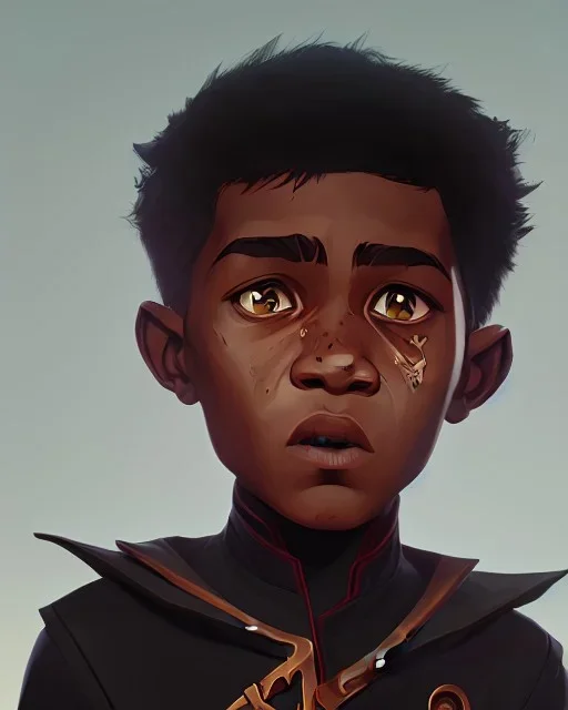 Portrait of a handsome black skinned toddler warlock boy with dark hair by Jim Kay