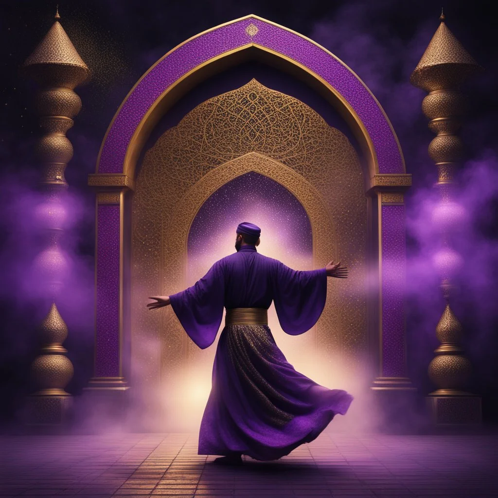 Hyper Realistic Photographic Full Shot View Of A Male Sufi Whirling with Black, & Purple Islamic Sufi Rustic Grunge Dark Background with golden sparkles & fog around at night Outside A Beautiful Neon Islamic Architectural Gate With Detailed Crafting.