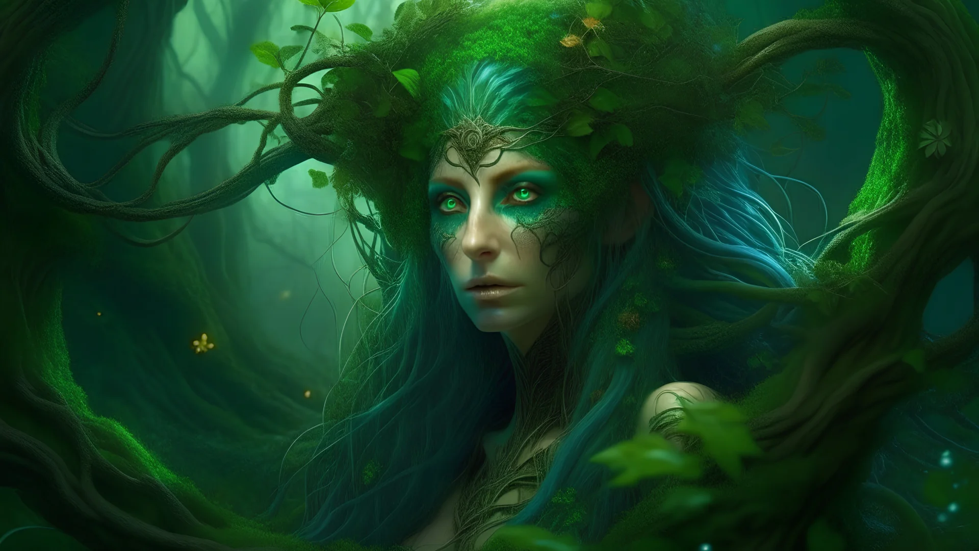 8K Ultra HD, highly detailed, we are transported to a mystical forest where the enigmatic beautiful Nature Witch resides, At the center of the painting stands the beautiful Nature Witch, a striking figure of ethereal beauty, Her presence is an embodiment of the very essence of nature itself, She has flowing, emerald-green hair that appears to be woven from the very vines and leaves that surround her, Her eyes, as deep as the forest itself, radiate a gentle wisdom and connection to all living thi