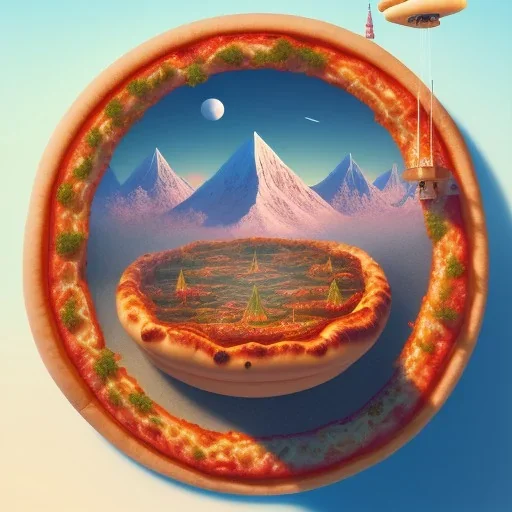 100mm photo of isometric floating island in the sky, surreal pizza with pizza, intricate, high detail, behance, microworlds smooth, macro sharp focus, centered