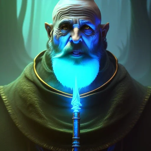 medium close up of blue robed monk with long beard, chasm, torches, Dark fantasy concept art, dynamic lighting, Intricately detailed, Splash screen art, deep color, Unreal Engine, volumetric lighting, blue flowers, moss, leather, creek, flowing water, fantasy dark forest artwork,back light