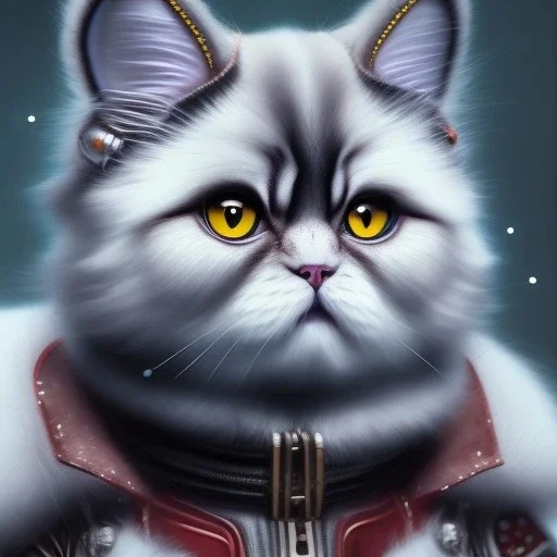 Cyberpunk Portrait of cyborg Persian cat child with brown hair and with cute face, north pole snowy vibe , perfect composition, hyperrealistic, super detailed, 8k, high quality, trending art, trending on artstation, sharp focus, studio photo, intricate details, highly detailed, by greg rutkowski