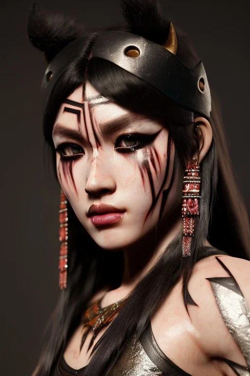 Barbarian anime character, animal hide armor, physically fit, tribal tattoos, scars, washboard abs, red facepaint, red hair, dark eyeshadow, intricate eyeliner, soft round eyes, beads in hair, 8k resolution, cinematic smooth, intricate details, vibrant colors, realistic details, masterpiece, oil on canvas, smokey background