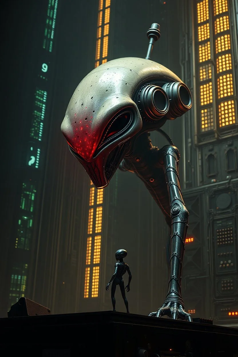 steampunk giant alien with tiny lcds face in a dark in a background A big wall of control system with an alien standing