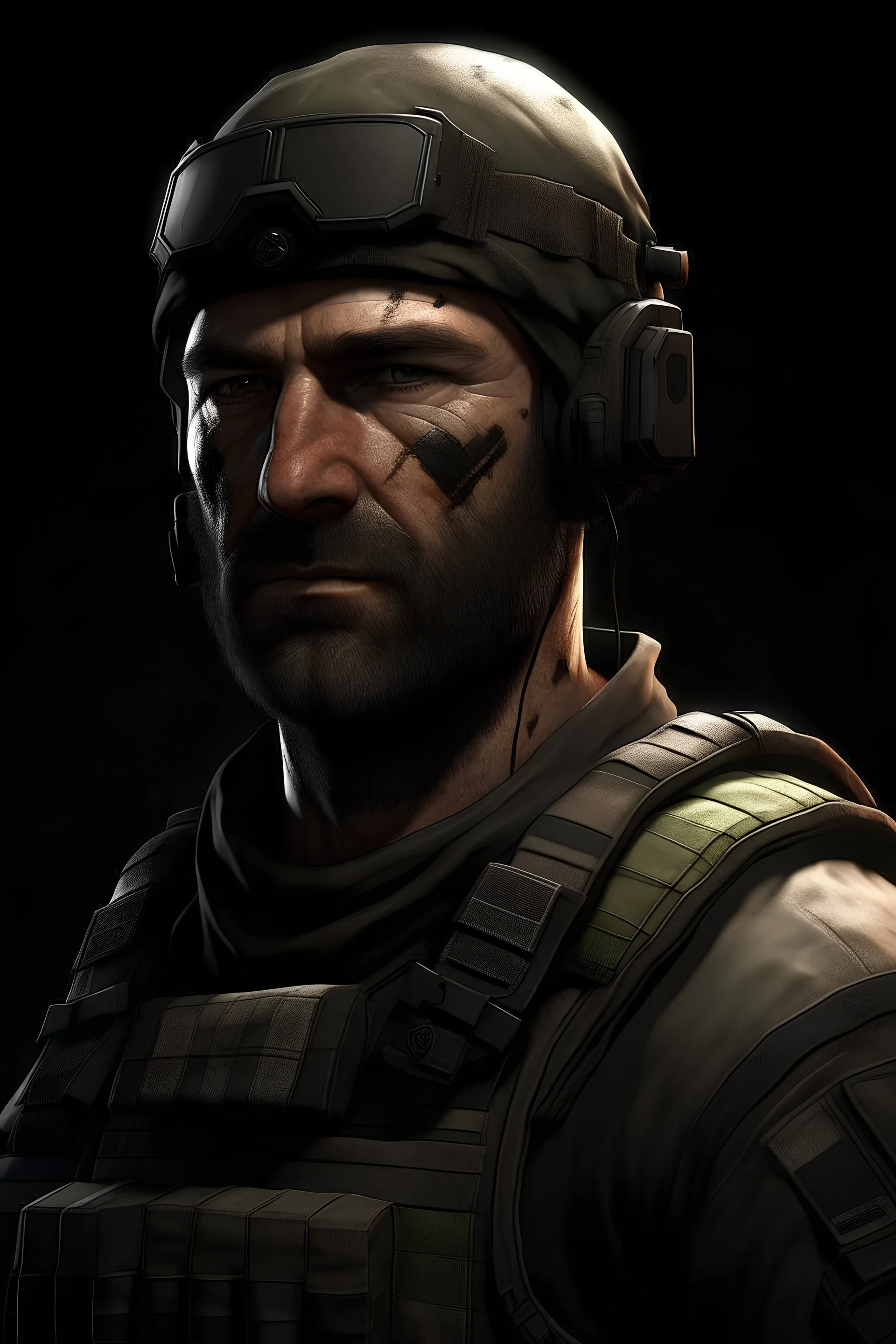 Generate images of the main character, a rugged and determined ex-military operative, showcasing his stoic demeanor and combat skills.