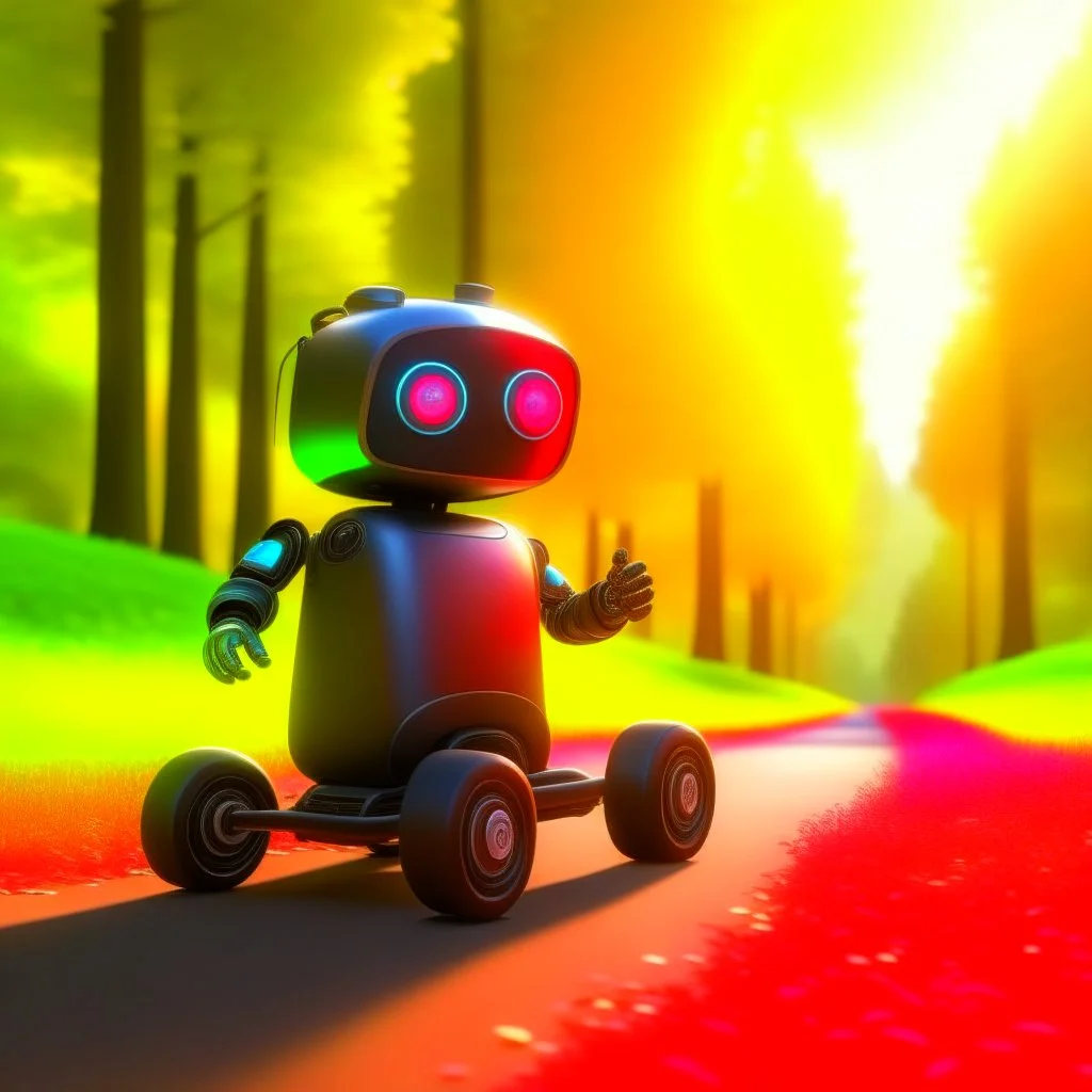 the cute adorable advanced carbon bot with child stroller, on a race track through the seasons, hills and trees, motion blur, 8k, downlight, soft light, depth of field, photorealism, trending on art station, lotsa detail