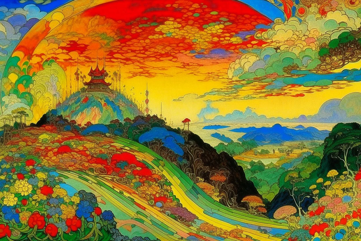 A cursed rainbow realm empire in Ukiyo-e art style painted by Claude Monet