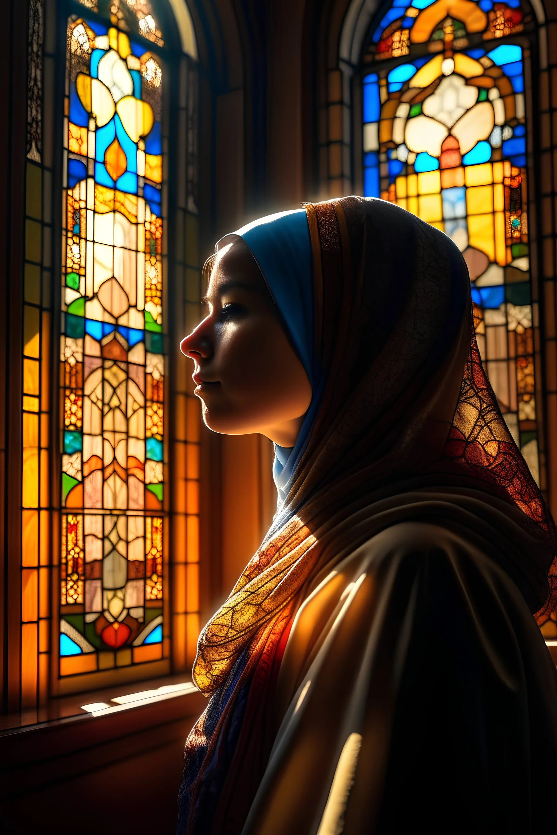 A young Muslim girl in a full hijab with her head covered is praying in the middle of a room with soft sunlight shining through a room with stained glass windows.