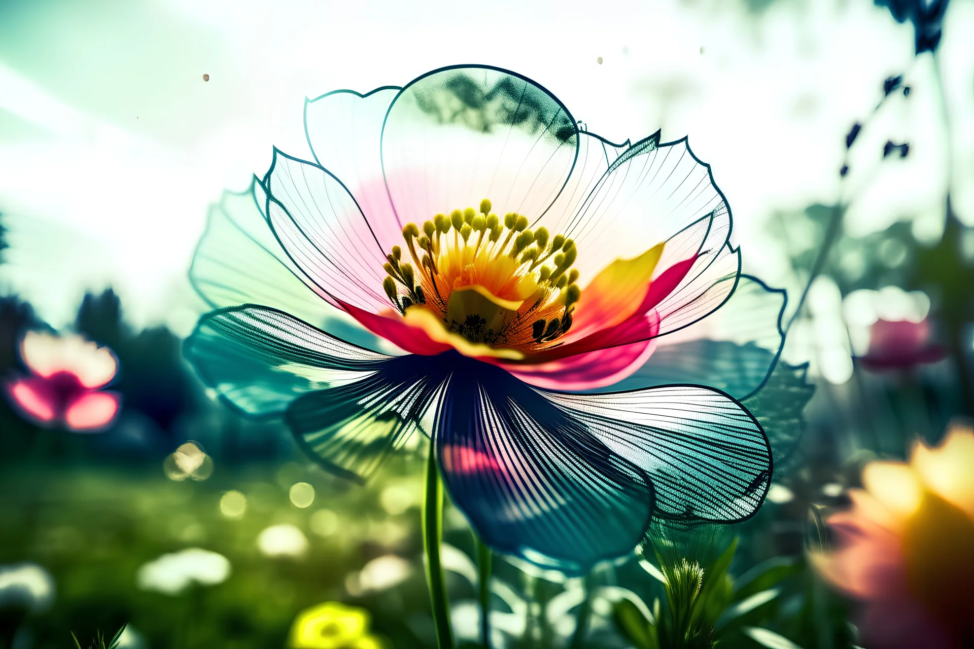 fotografía en doble exposición de la flor de irupe en primer plano,