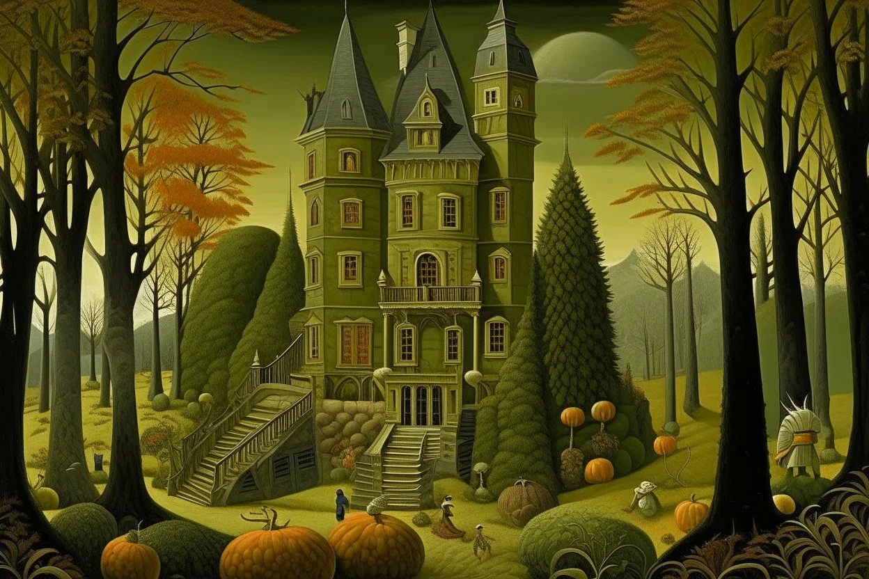 An olive green Halloween themed chateau painted by Edward Hicks